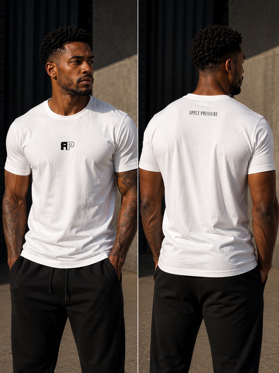 Front and back model views of the white Apply Pressure AP Logo Tee