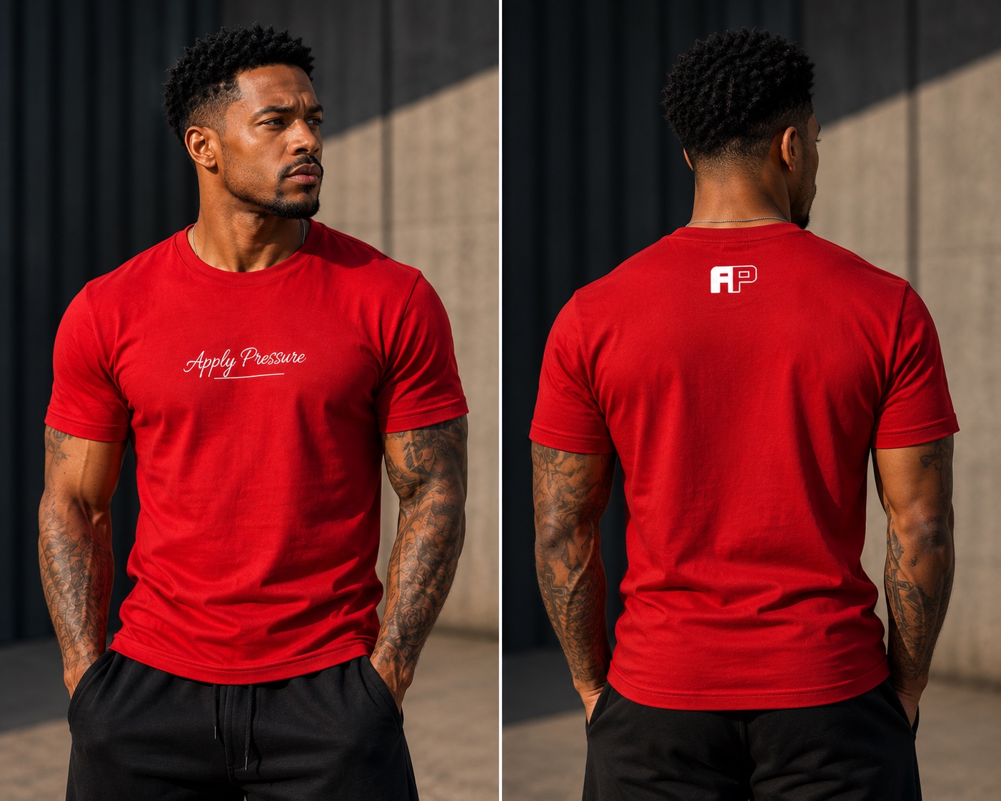 Front and back model views of the red Apply Pressure Script Tee