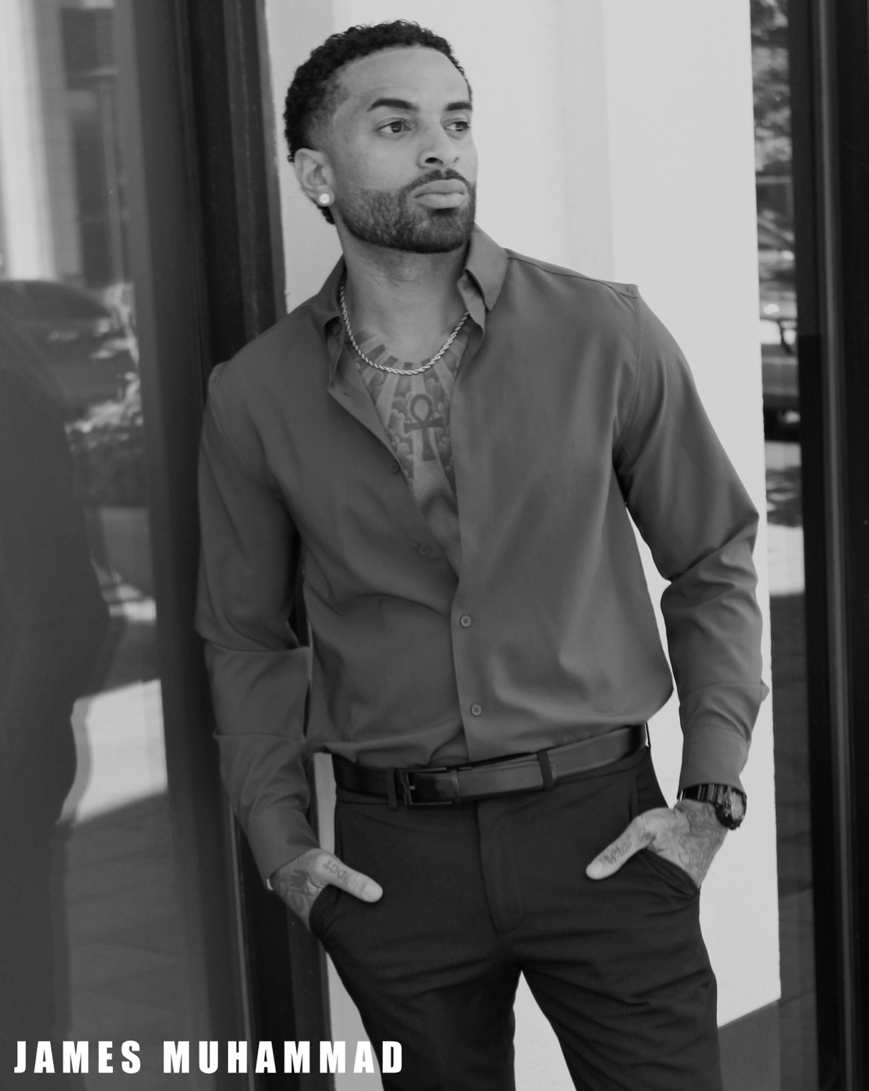 James Muhammad commercial editorial portrait in a leather jacket